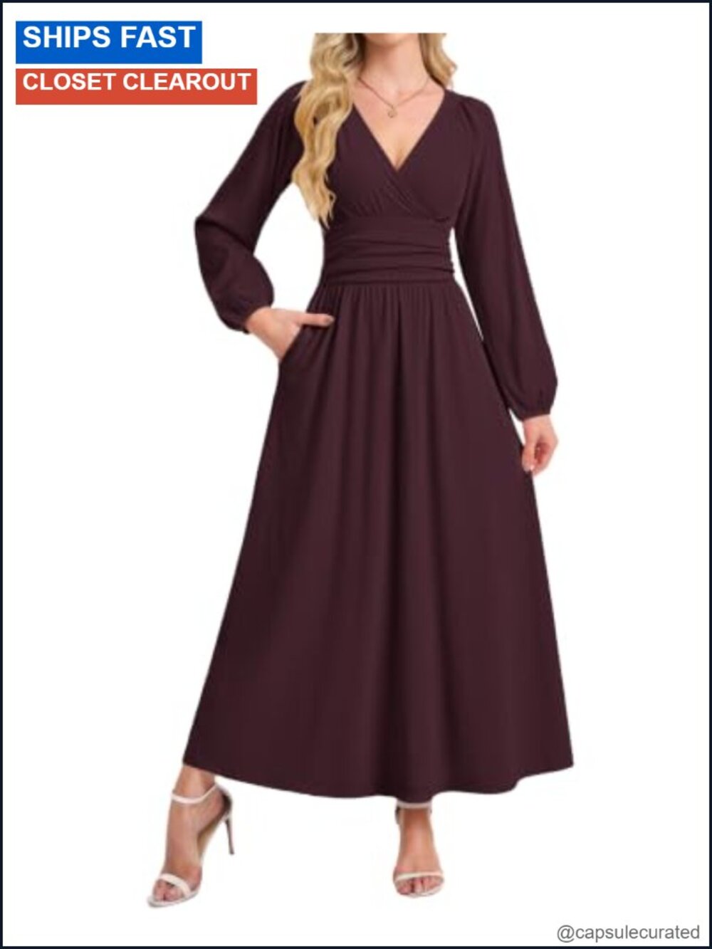 Womens Long Sleeve Maxi Wrap Dress Formal Winter Fleece Pockets
